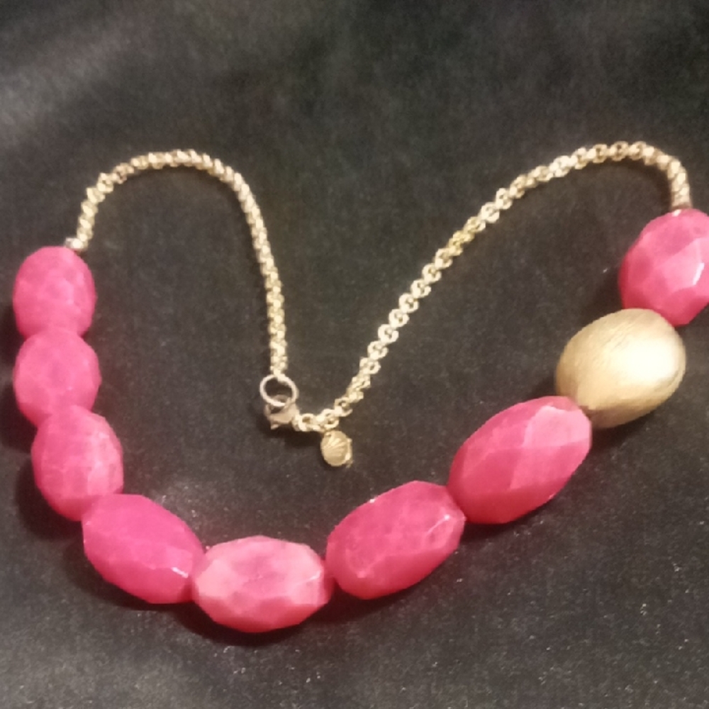 Michelle Roy 14k gf rolo chain multi faceted semi precious pink quartz  Necklace